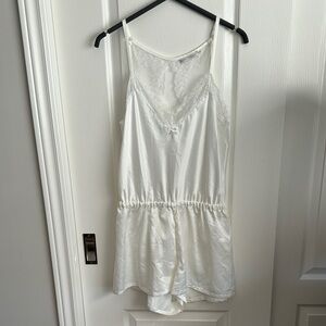 Flora Nikrooz Ivory Satin Romper with Silver Speckled Lace Trim